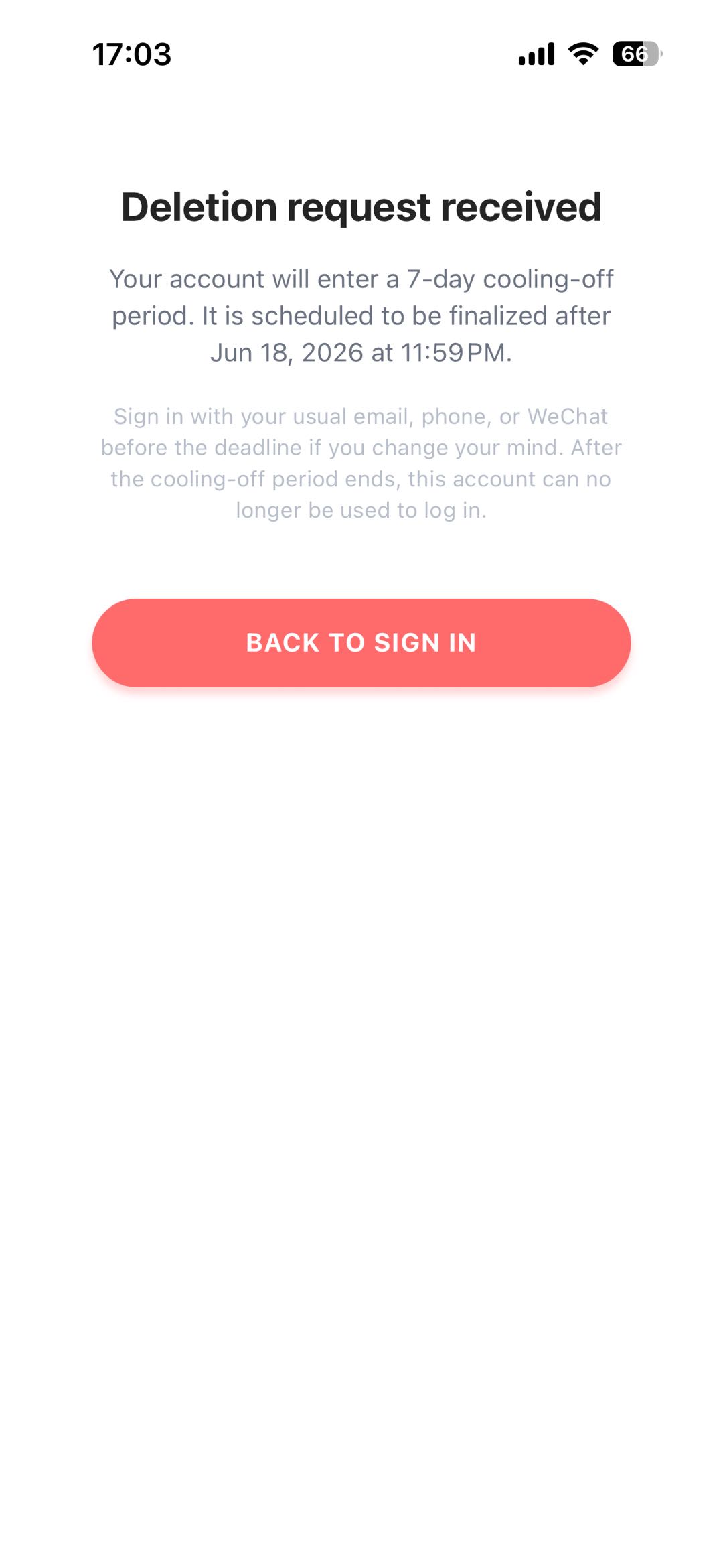 Xpeak AI 账号删除待处理状态界面